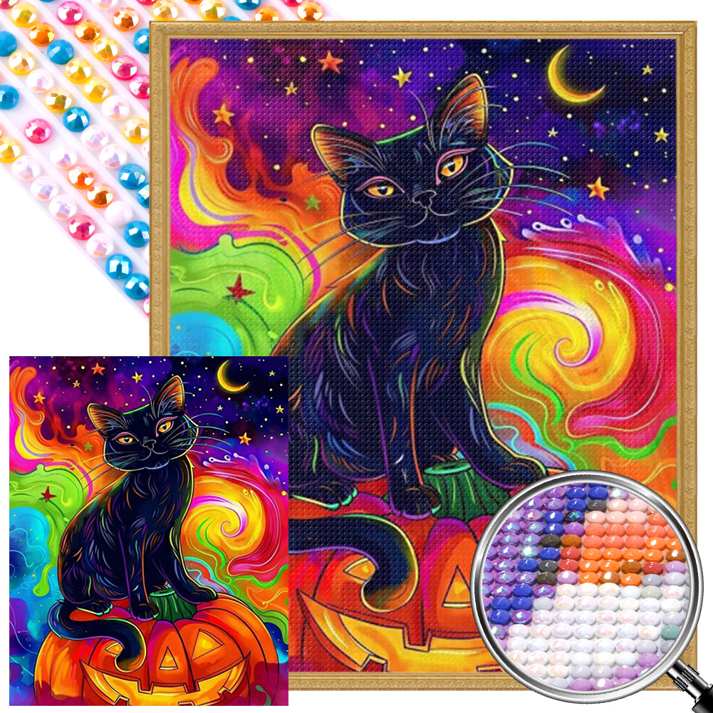 AB Diamond Painting - Full Round - Black Cat on Pumpkin (40*50CM)