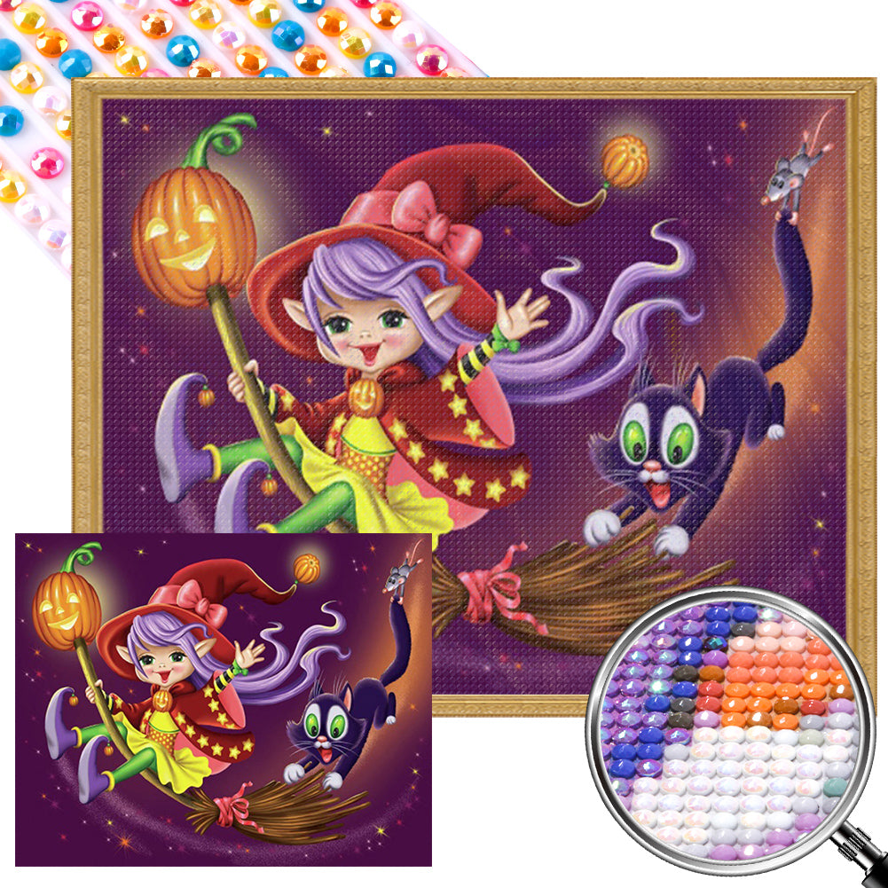 AB Diamond Painting - Full Round - Black Cat and Little Witch (50*40CM)