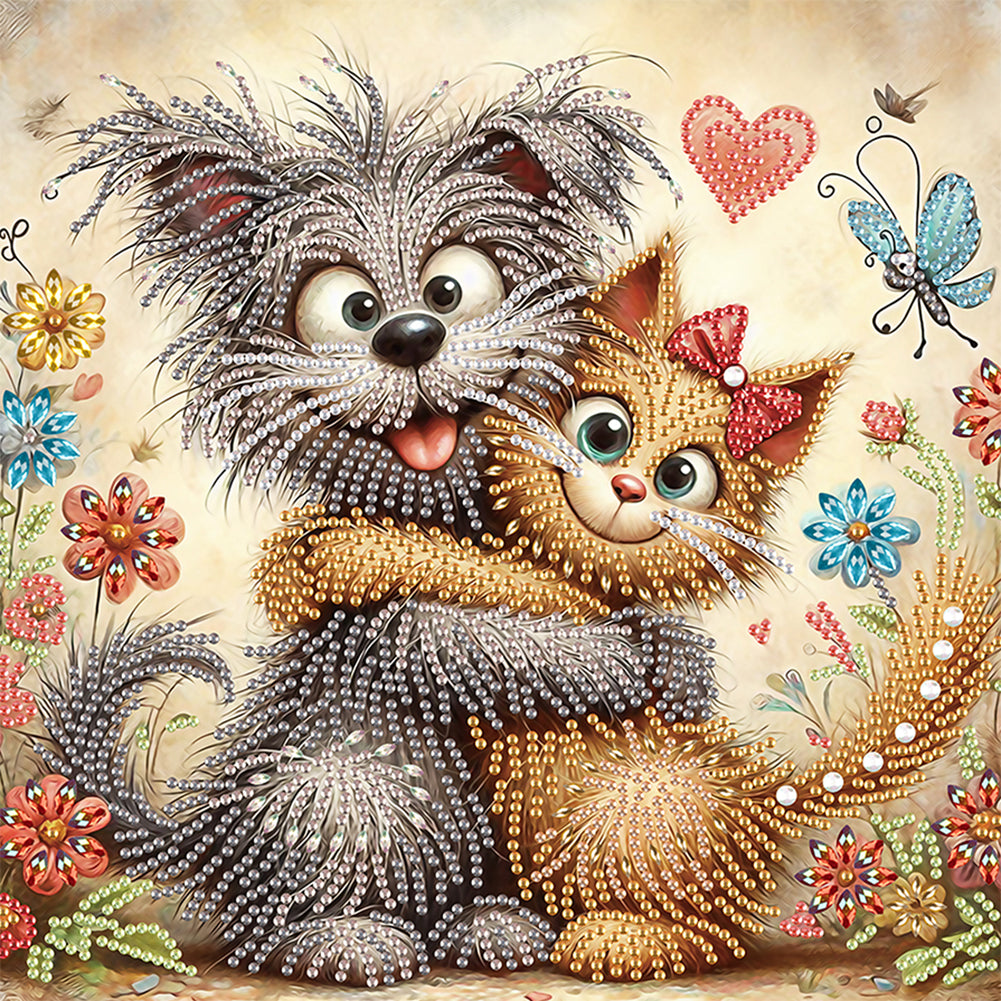 Diamond Painting - Partial Special Shaped - Friendly Cat and Dog (30*30CM)