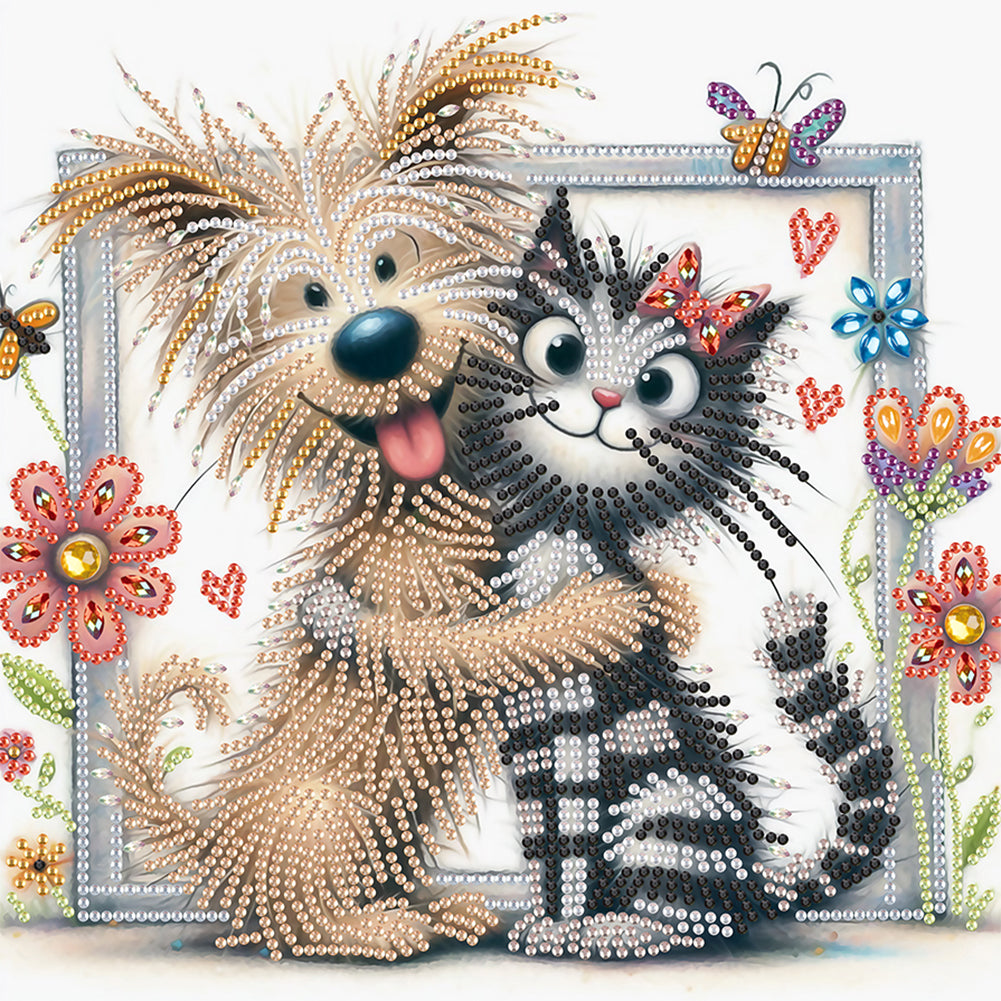 Diamond Painting - Partial Special Shaped - Friendly Cat and Dog (30*30CM)