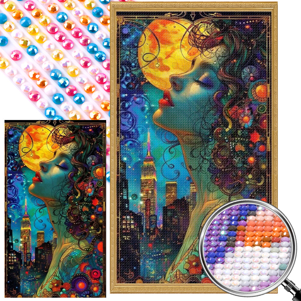 AB Diamond Painting - Full Round - City Art Girl in the Moonlight (40*70CM)