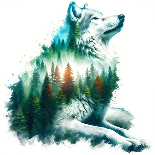 AB Diamond Painting - Full Round - Silhouette scenery white wolf (40*40CM)