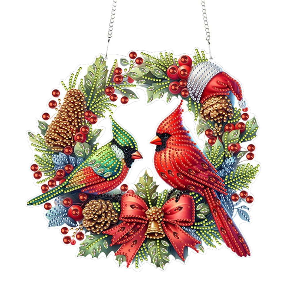 Acrylic Special Shape Christmas Wreath Cardinal Diamond Painting Hanging Pendant