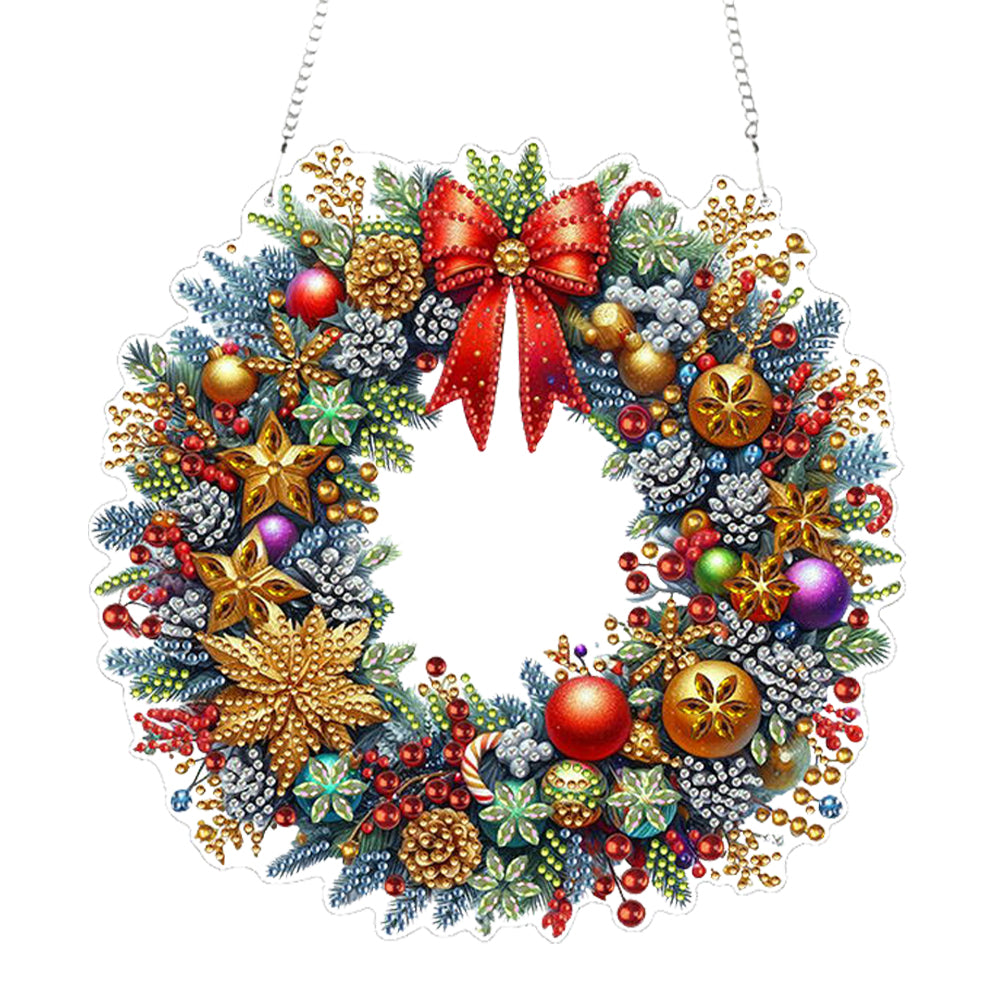 Acrylic Special Shape Christmas Wreath Cardinal Diamond Painting Hanging Pendant