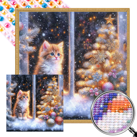 AB Diamond Painting - Full Round - Christmas snowy night kitten (40*40CM)
