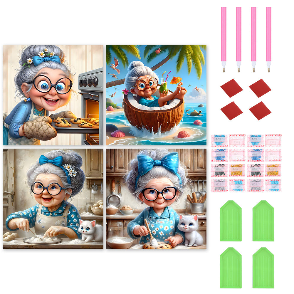4pcs Round Diamond Painting Set - Cute grandma (30*30CM)