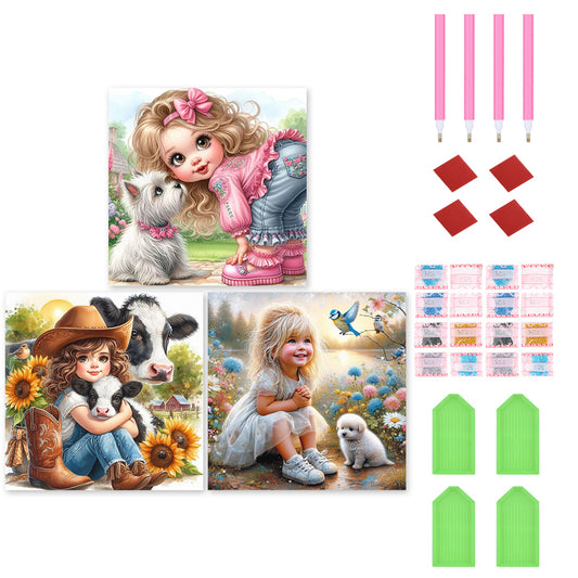 3pcs Round Diamond Painting Set - Girl and animal (30*30CM)