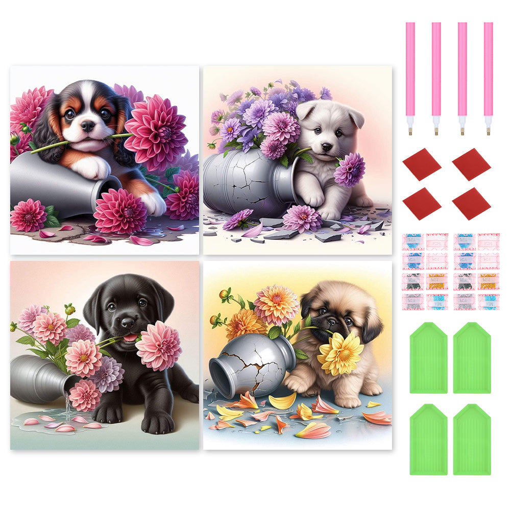 4pcsRound Diamond Painting Set - Flower puppy (30*30CM)