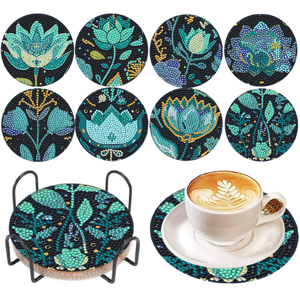 8Pcs Wooden Flower Diamond Painting Coasters DIY Cup Coasters for Home Office