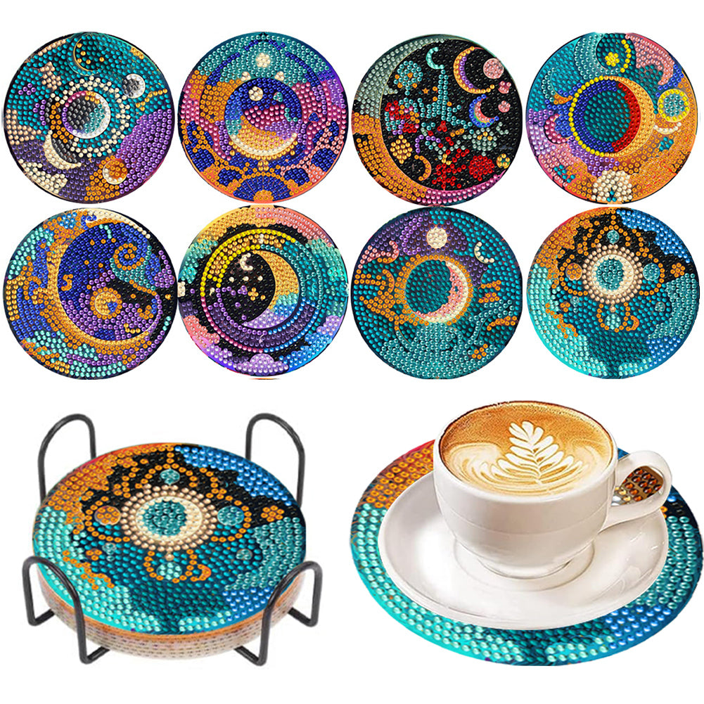 8Pcs Wooden Sun Moon Star Diamond Painting Coasters for Art Craft for Home Decor
