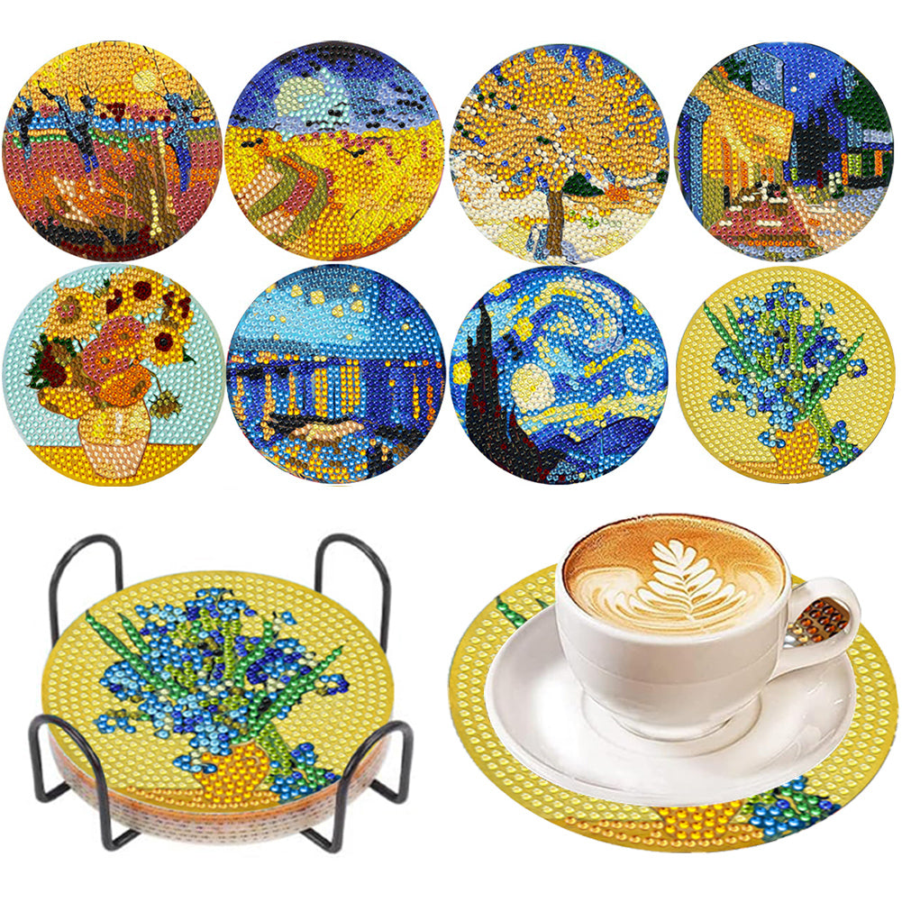 8Pcs Wooden Van Gogh Style Diamond Painting Coasters for Art Craft for Home