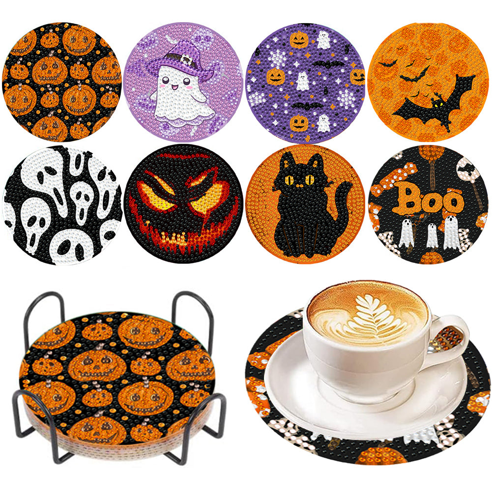 8Pcs Wooden Halloween Diamond Painting Coasters for Art Craft for Home Office
