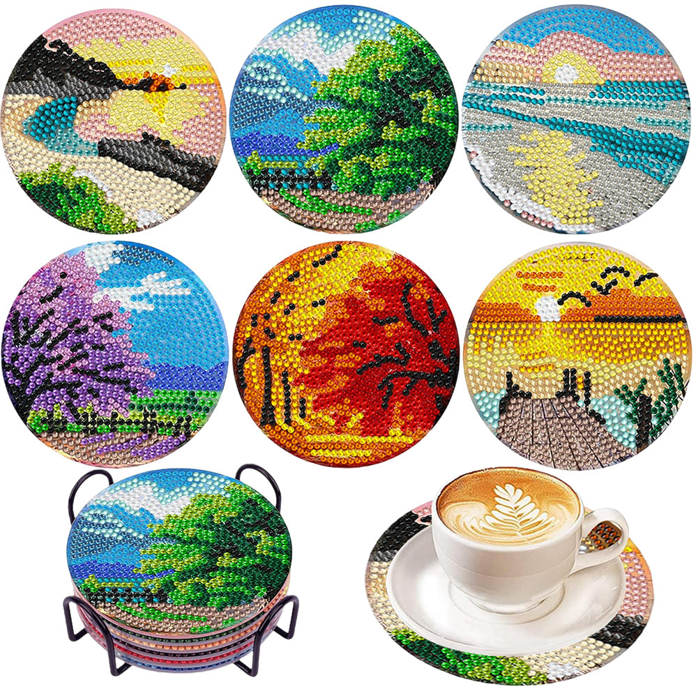 6Pcs Wooden Natural Scenery Diamond Painting Coasters for Art Craft for Kids