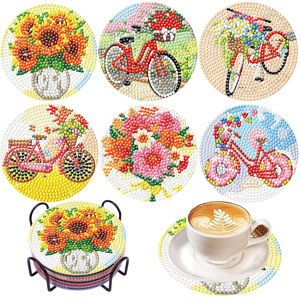 6Pcs Wooden Bicycle Flowers Diamond Painting Coasters for Art Craft for Kids
