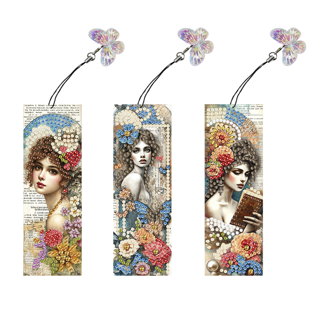 3Pcs Special Shaped Retro Girl Diamond Painting Bookmark Making Kit Decoration