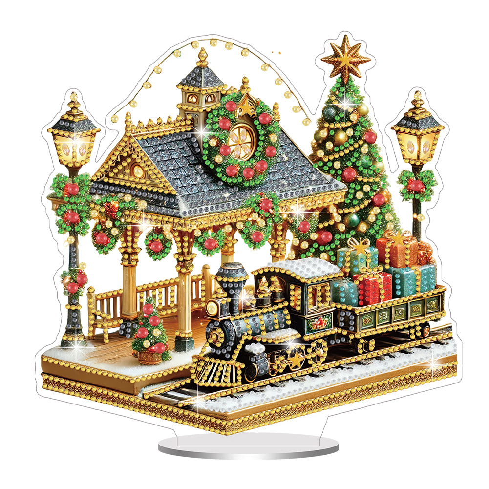 Acrylic Special Shaped Christmas Train Station Diamond Painting Desktop Decor