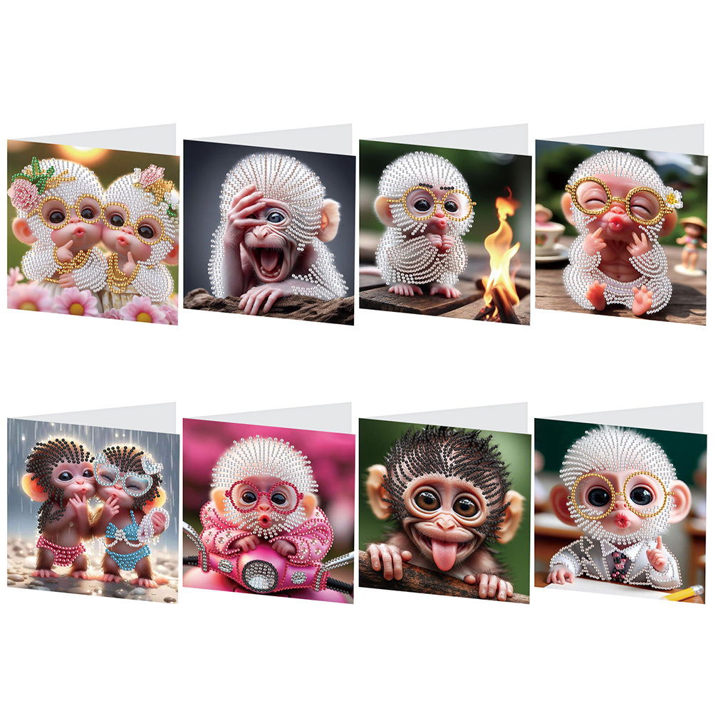 8Pcs Funny Monkey Diamond Painting Greeting Card Diamond Drawing Card for Kids