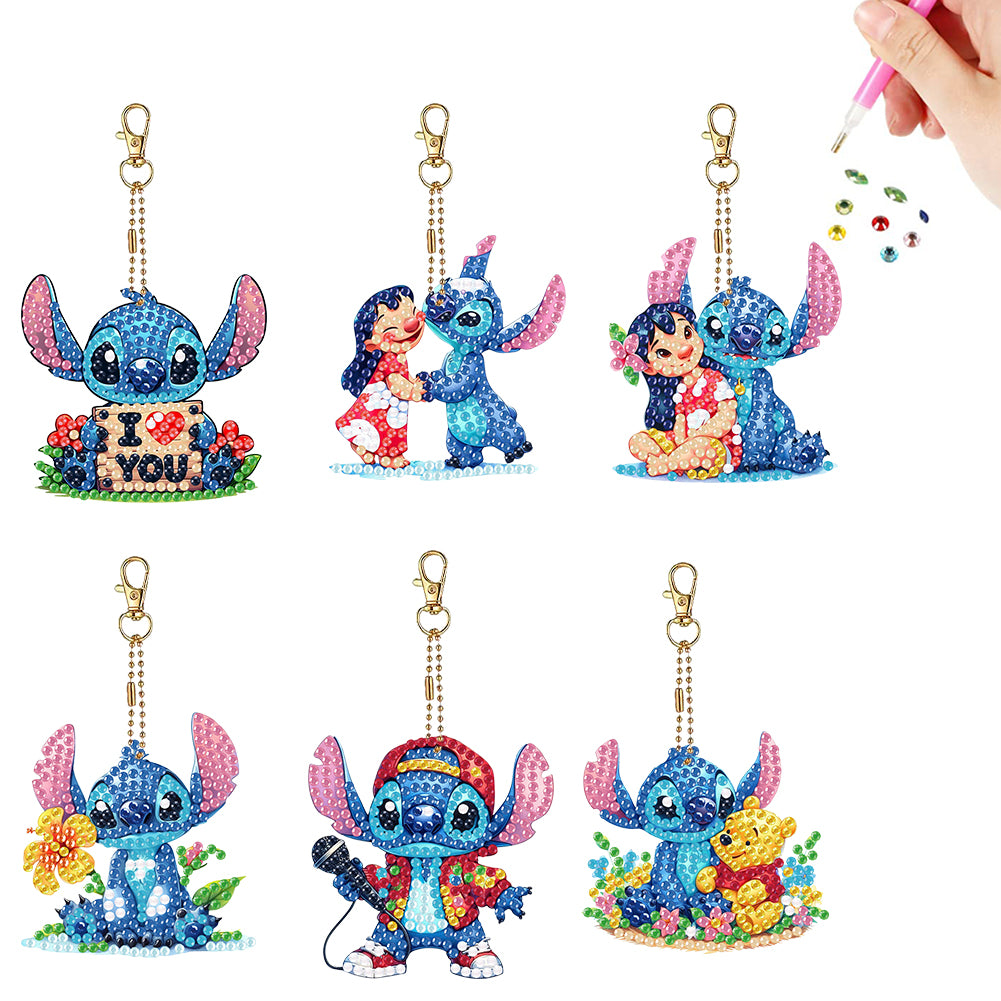 6Pcs Double Sided Christmas Mickey Minnie Diamond Art Keyring for Party Supplies