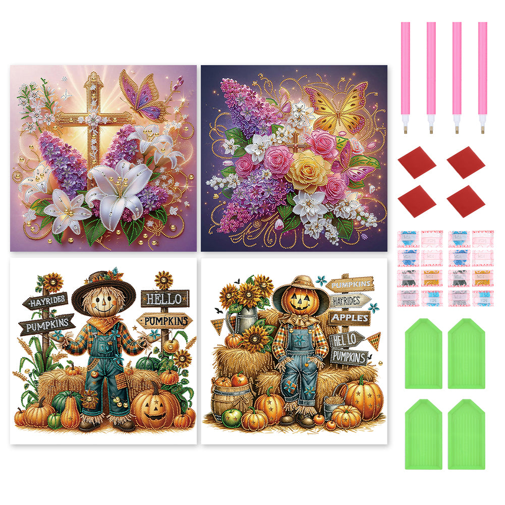 4Pcs Partial Special Diamond Painting Set - Pumpkin scarecrow cross lavender (40*40CM)