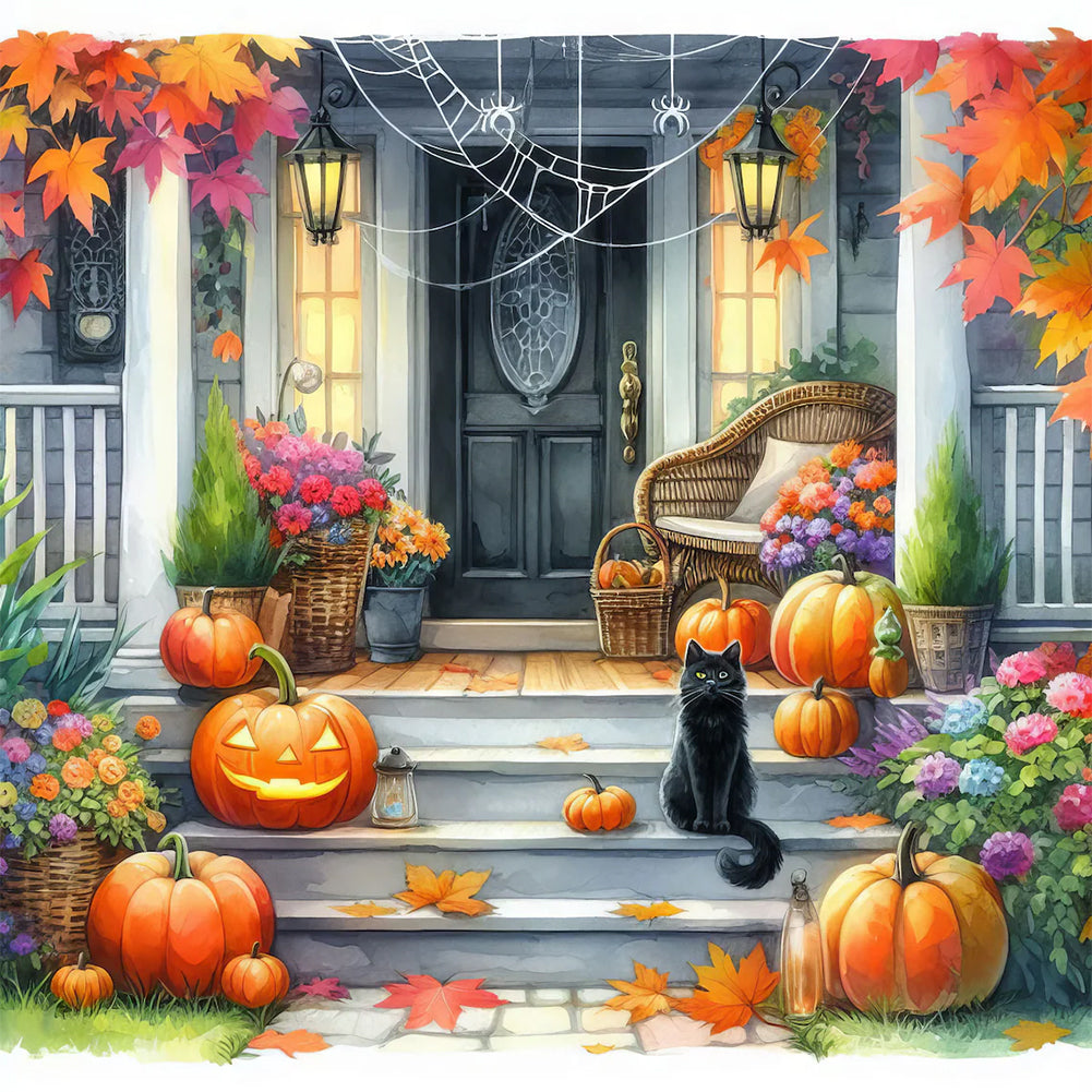Diamond Painting - Full Round - Cat pumpkin at the entrance (40*40CM)
