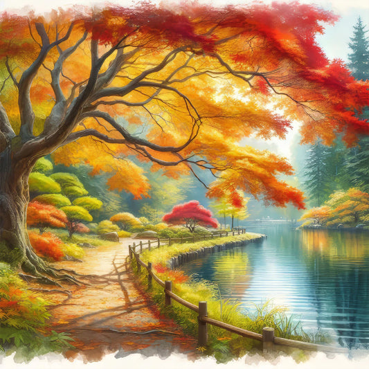 Diamond Painting - Full Round - Autumn leaves by the lake (40*40CM)