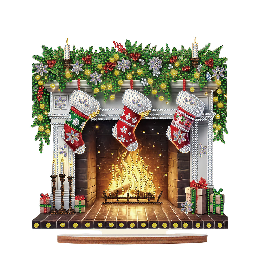 Wooden Special Shaped Fireplace Red Stockings Diamond Painting Tabletop Ornament