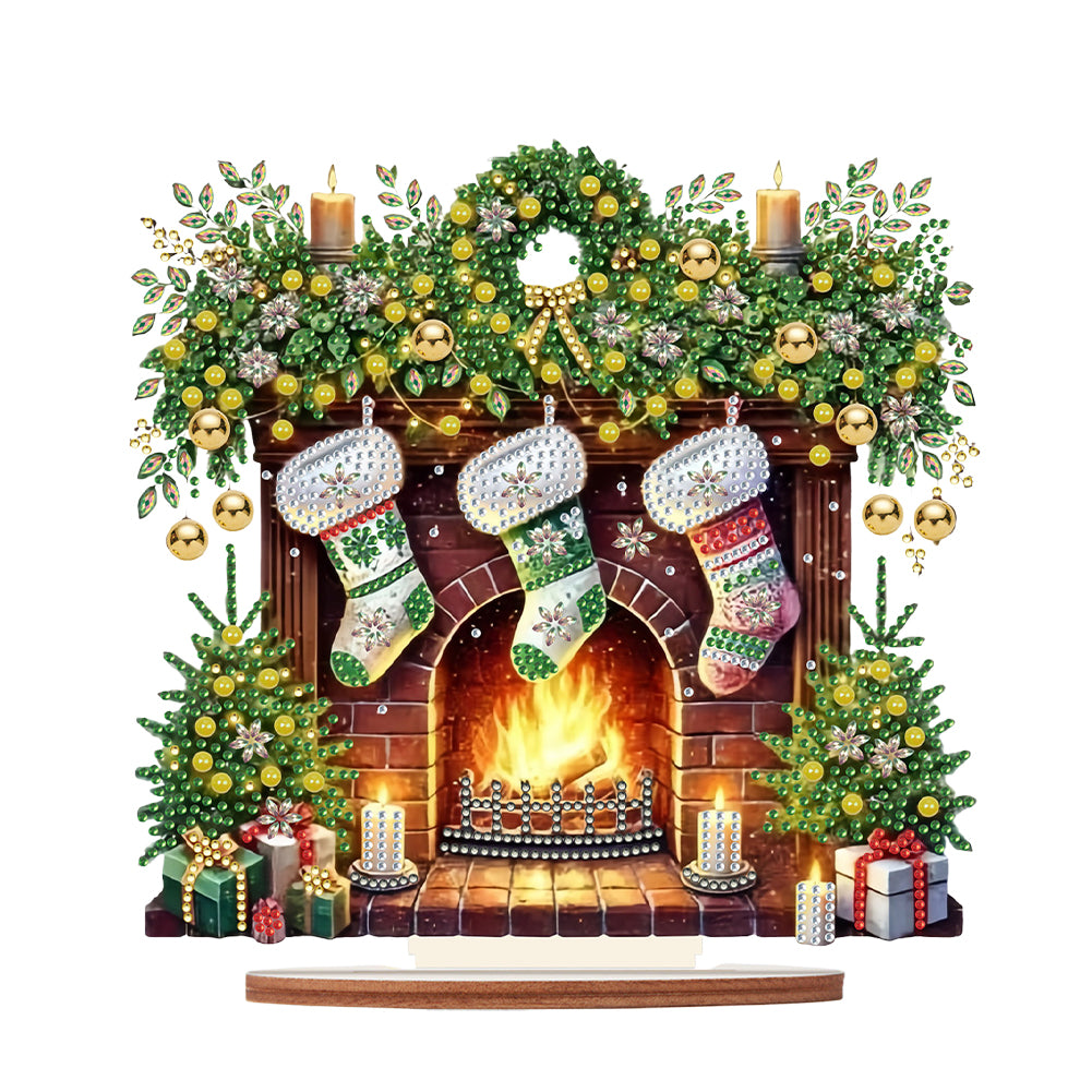 Wooden Special Shaped Fireplace Green Stockings Diamond Painting Table Ornament