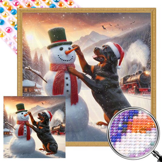 AB Diamond Painting - Full Round - Winter snowman and puppy (40*40CM)