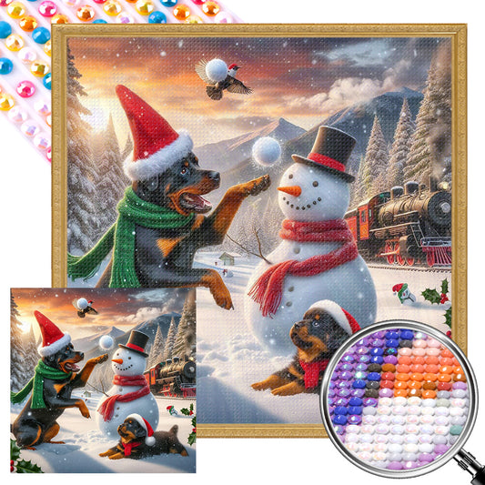 AB Diamond Painting - Full Round - Winter snowman and puppy (40*40CM)