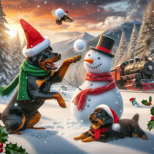 AB Diamond Painting - Full Round - Winter snowman and puppy (40*40CM)