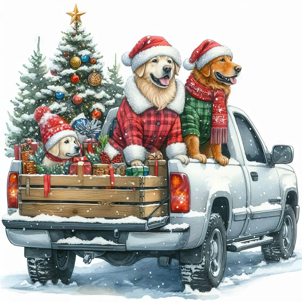 Diamond Painting - Full Round - Dog on Christmas truck (40*40CM)