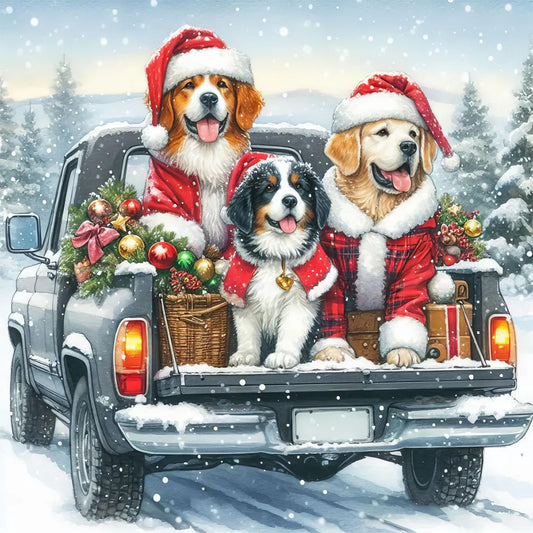 Diamond Painting - Full Round - Dog on Christmas truck (40*40CM)