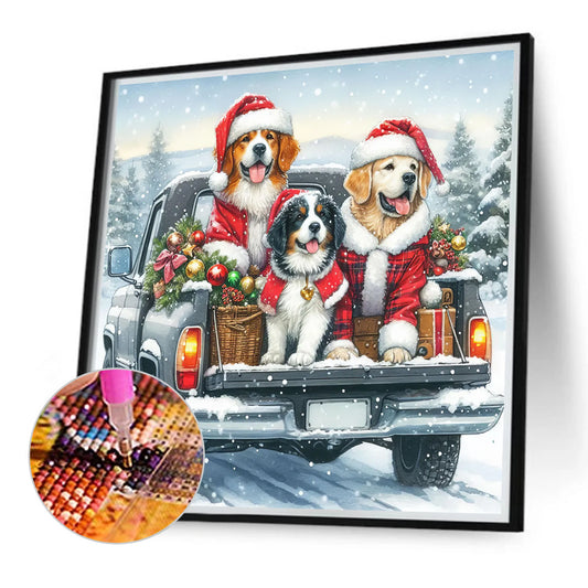 Diamond Painting - Full Round - Dog on Christmas truck (40*40CM)