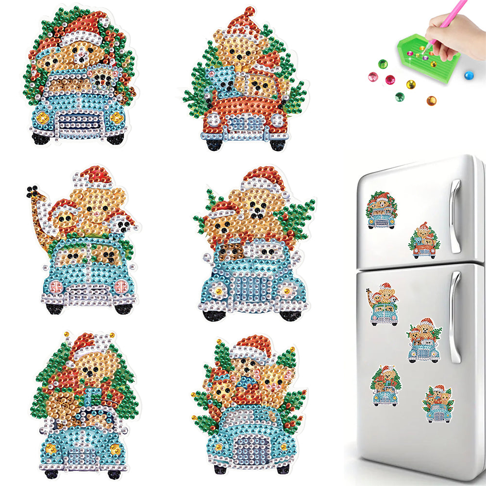 6Pcs Christmas Bear Car Fridge Stickers Diamond Painting Art Magnets Decals
