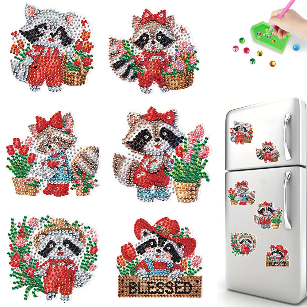 6Pcs Christmas Raccoon Fridge Stickers Diamond Painting Art Magnets Decals