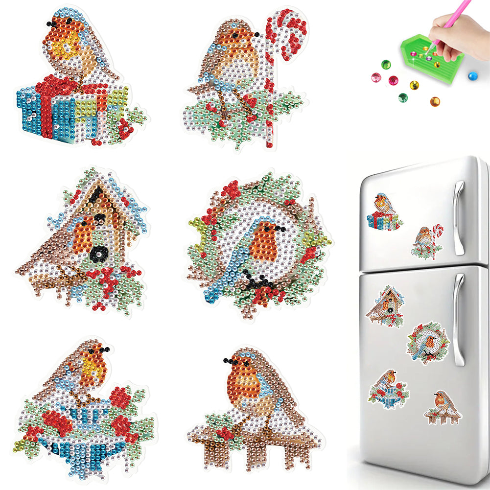 6Pcs Christmas Bluebird Fridge Stickers Diamond Painting Art Magnets Decals