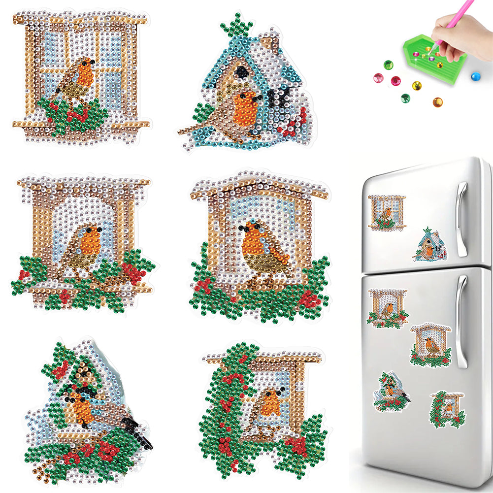 6Pcs Christmas Bird Fridge Stickers Diamond Painting Art Magnets Decals