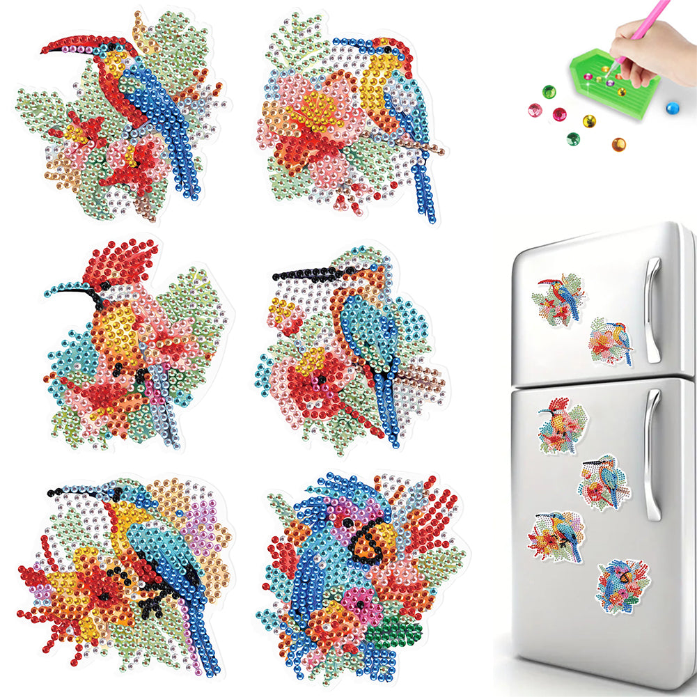 6Pcs Flower Parrot Diamond Painting Art Fridge Magnet for Fridge Whiteboards