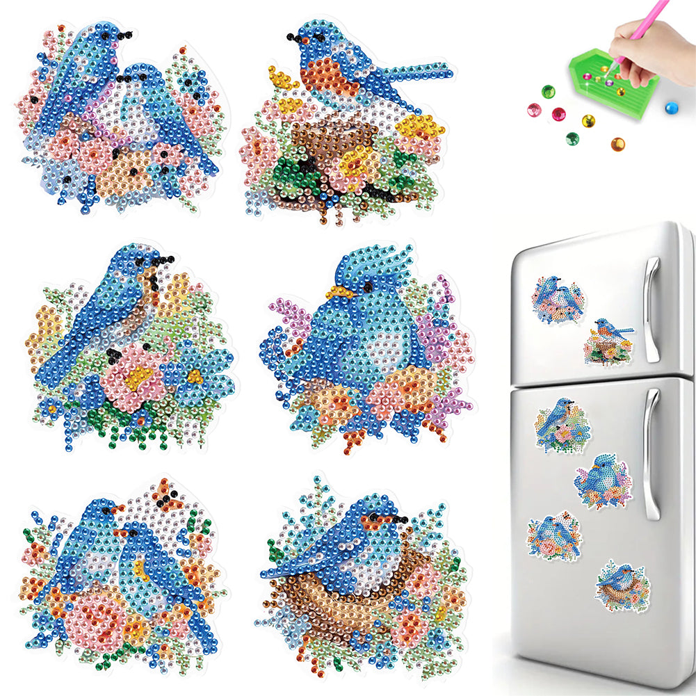 6Pcs Flower Bluebird Diamond Painting Art Fridge Magnet for Fridge Whiteboards