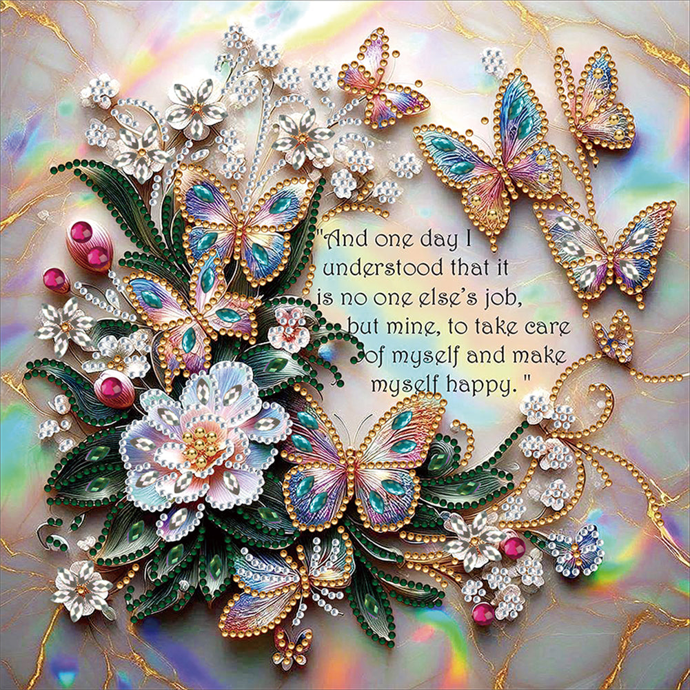 Diamond Painting - Partial Special Shaped - butterfly white flower calligraphy and painting (30*30CM)