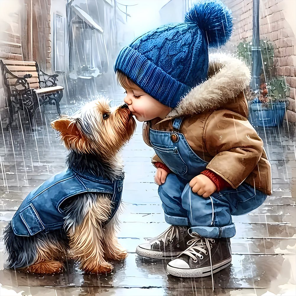 Diamond Painting - Full Round - Boy Kissing Puppy (40*40CM)
