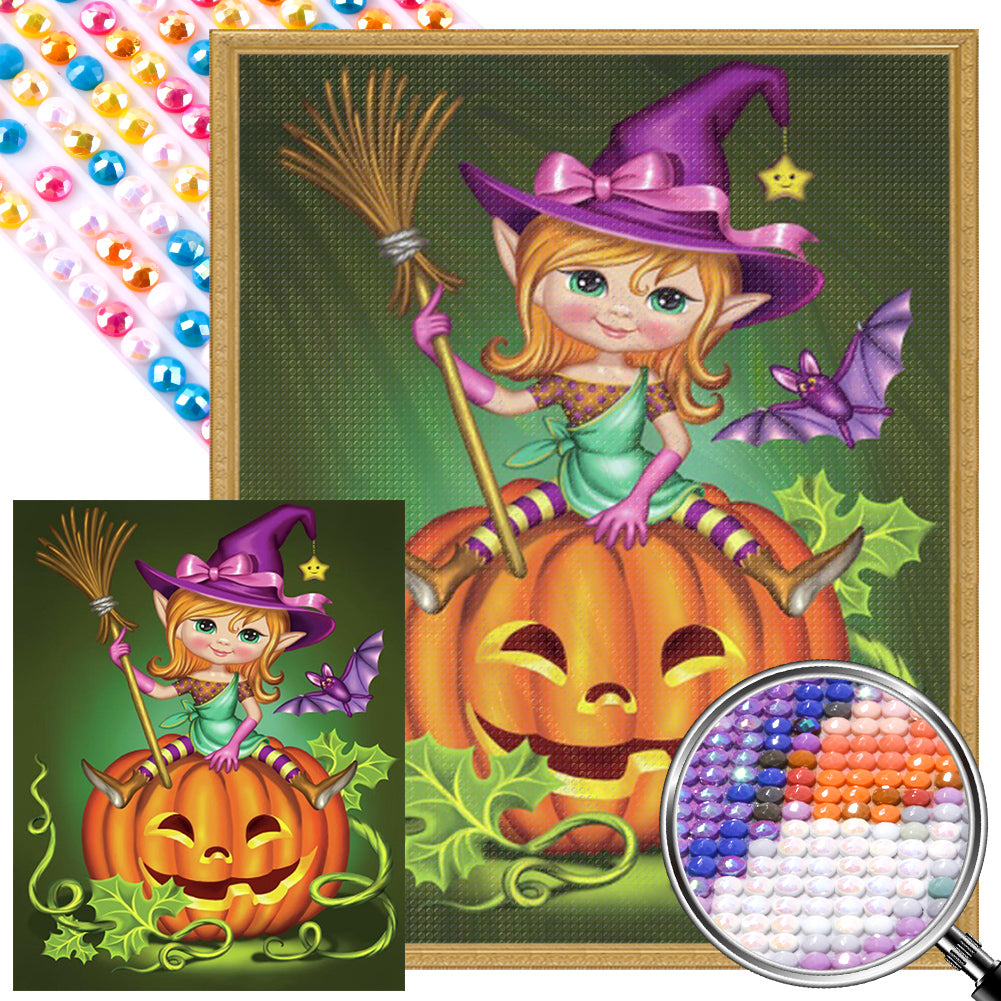 AB Diamond Painting - Full Round - Little Witch on Pumpkin (40*50CM)