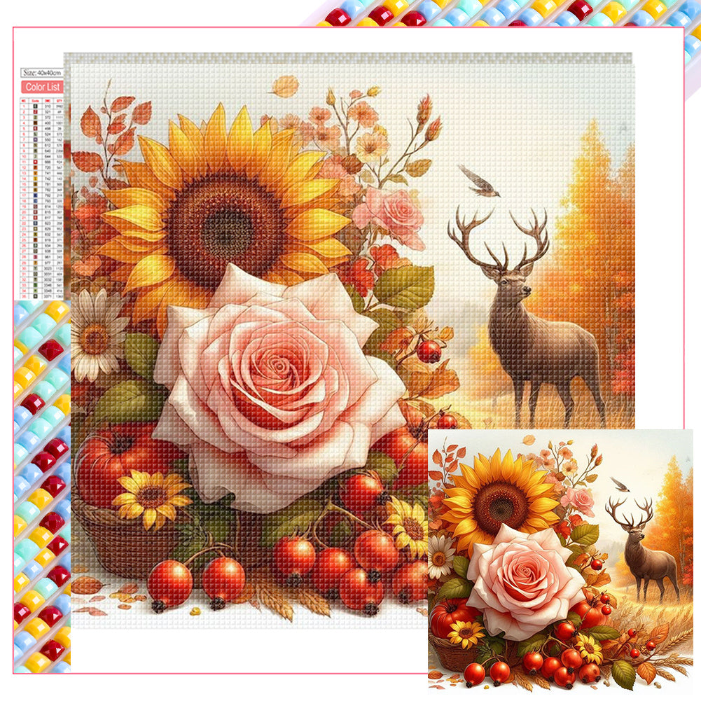 Diamond Painting - Full Square - Autumn flowers and animals (40*40CM)