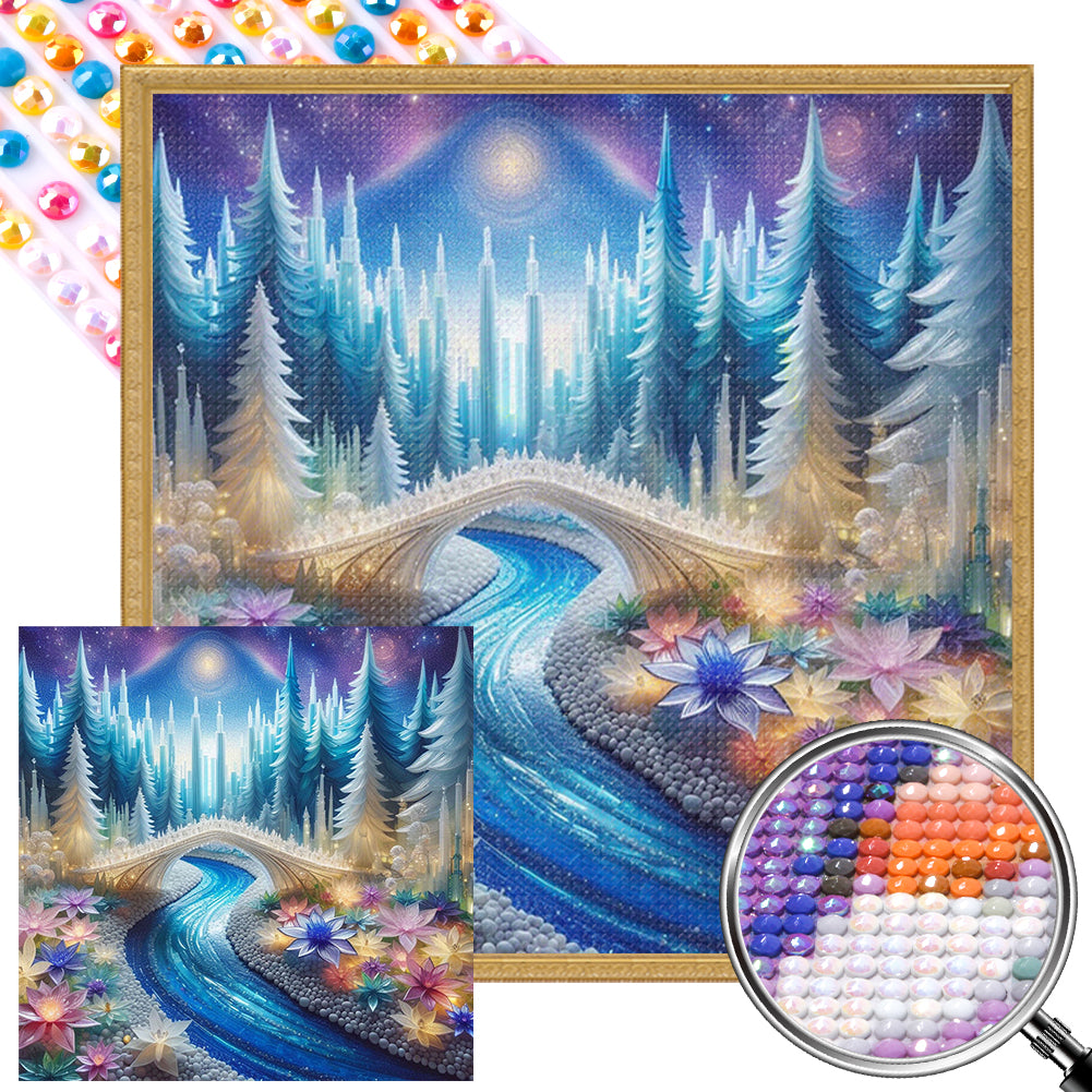AB Diamond Painting - Full Round - Ice flower white bridge river water (40*40CM)