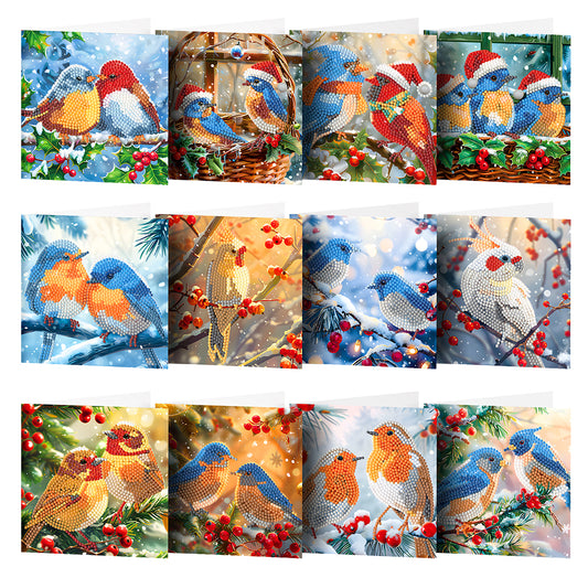 12Pcs Christmas Special Shape Bird Diamond Drawing Card for Holiday Party Favors