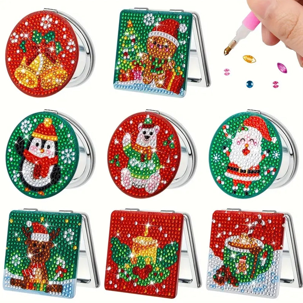 8Pcs Double Sided Christmas Diamond Painting Compact Mirror Makeup Mirror