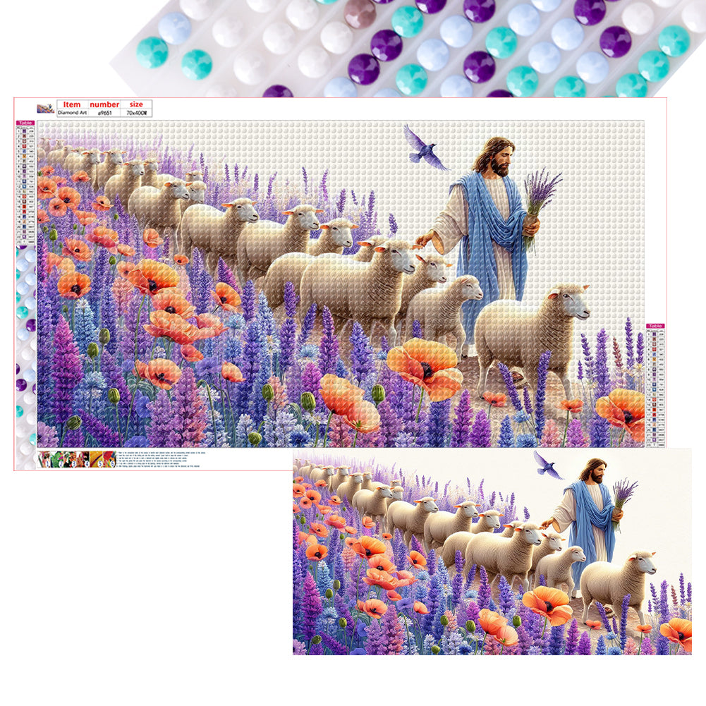 Diamond Painting - Full Round - Jesus and Flowers Herding Sheep (70*40CM)