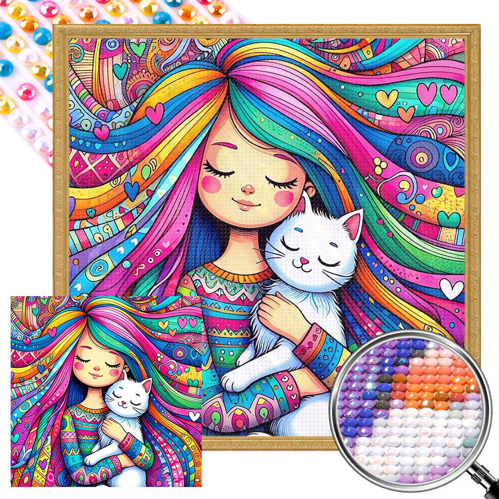 AB Diamond Painting - Full Round - Girl and Little White Cat (40*40CM)