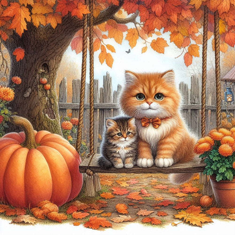 Diamond Painting - Full Round - Cat on the Fallen Leaf Swing (40*40CM)