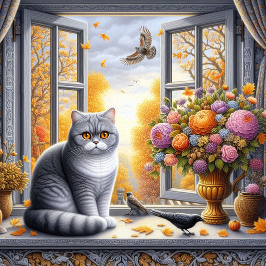 Diamond Painting - Full Round - Autumn and cat outside the window (40*40CM)